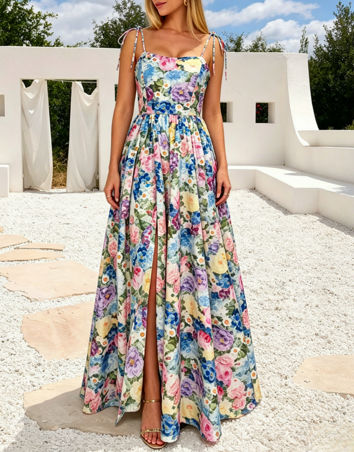 Boho Ditsy Floral Thigh Slit Lace-Up Back Maxi Dress - Purple