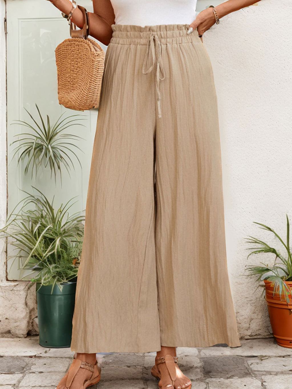Crinkle Gauze Drawstring Cropped Wide Leg Pants - view 1
