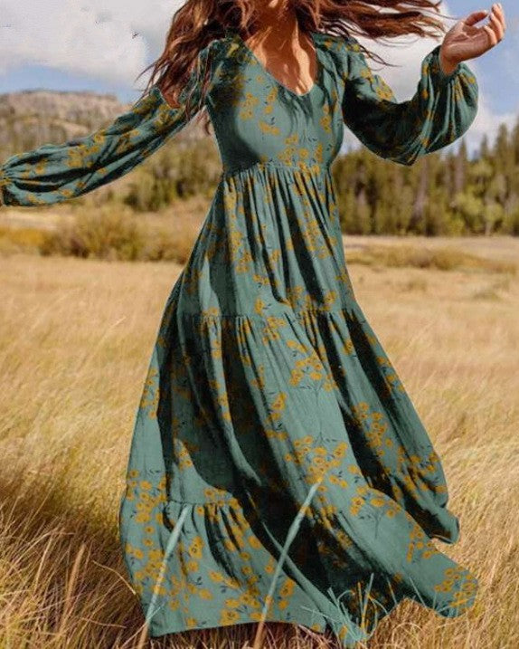 Tiered Floral Maxi Dress With Puff Sleeves - Green