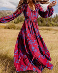 Tiered Floral Maxi Dress With Puff Sleeves - Red