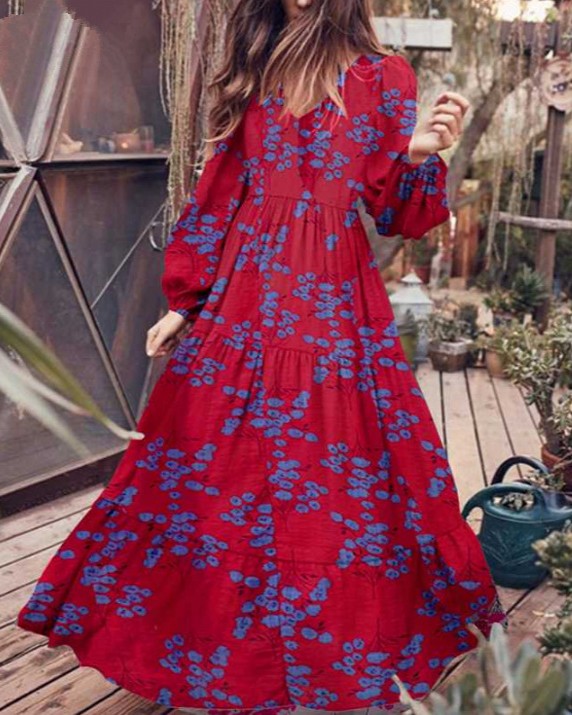 Tiered Floral Maxi Dress With Puff Sleeves - Red - 1