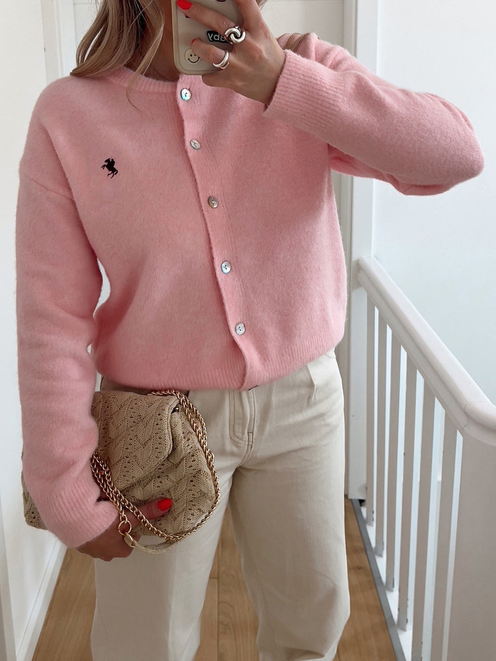 Embroidered Horse Motif Button Knit Cardigan - Pink