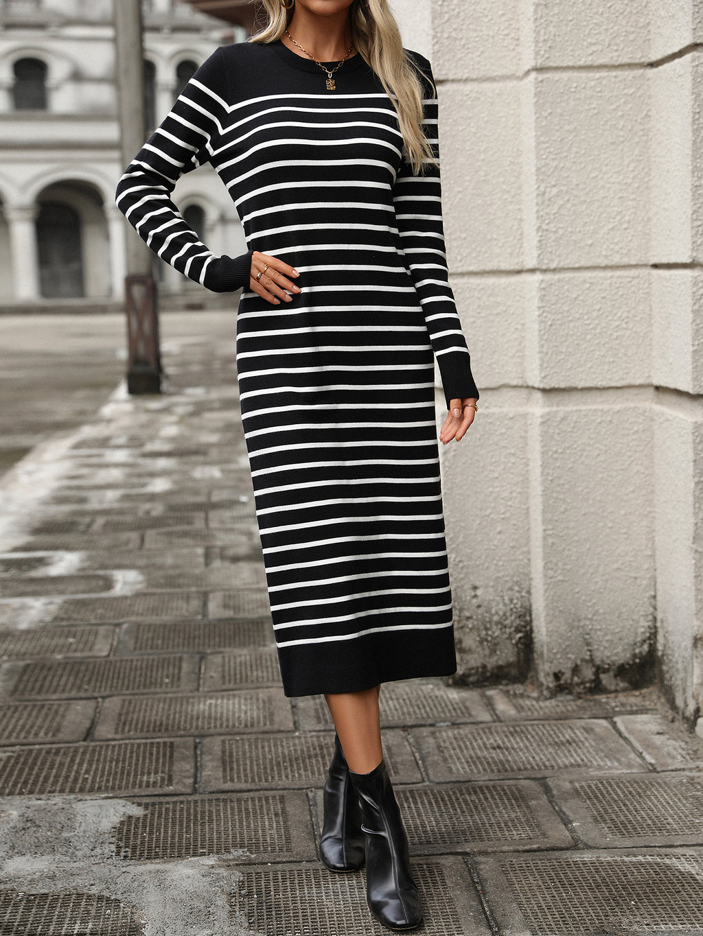 Breton Stripe Long Sleeve Knit Midi Dress - Black
