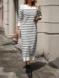 Breton Stripe Long Sleeve Knit Midi Dress - White