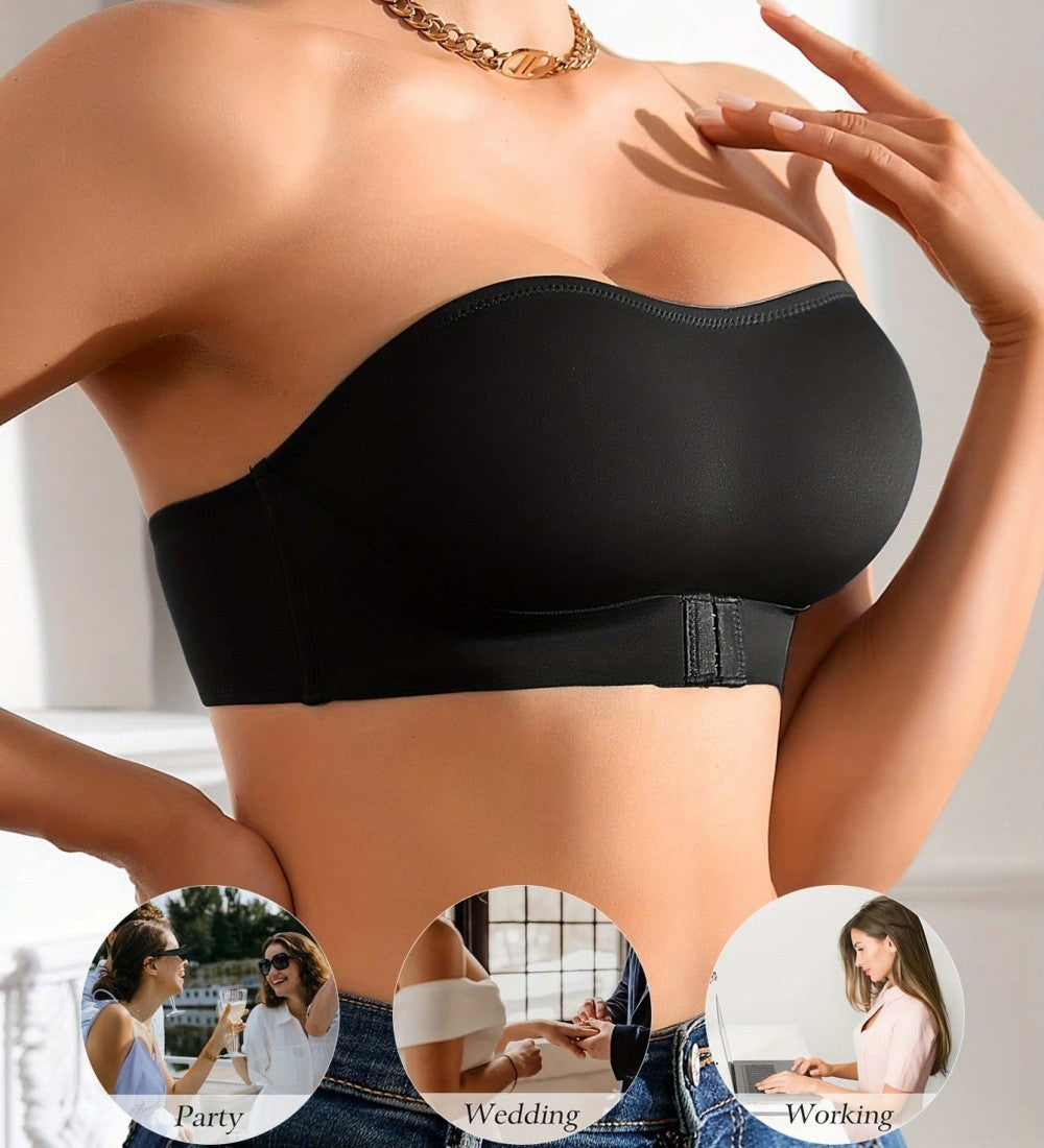 Front Closure Smooth Stretch Strapless Bandeau Bra - Black