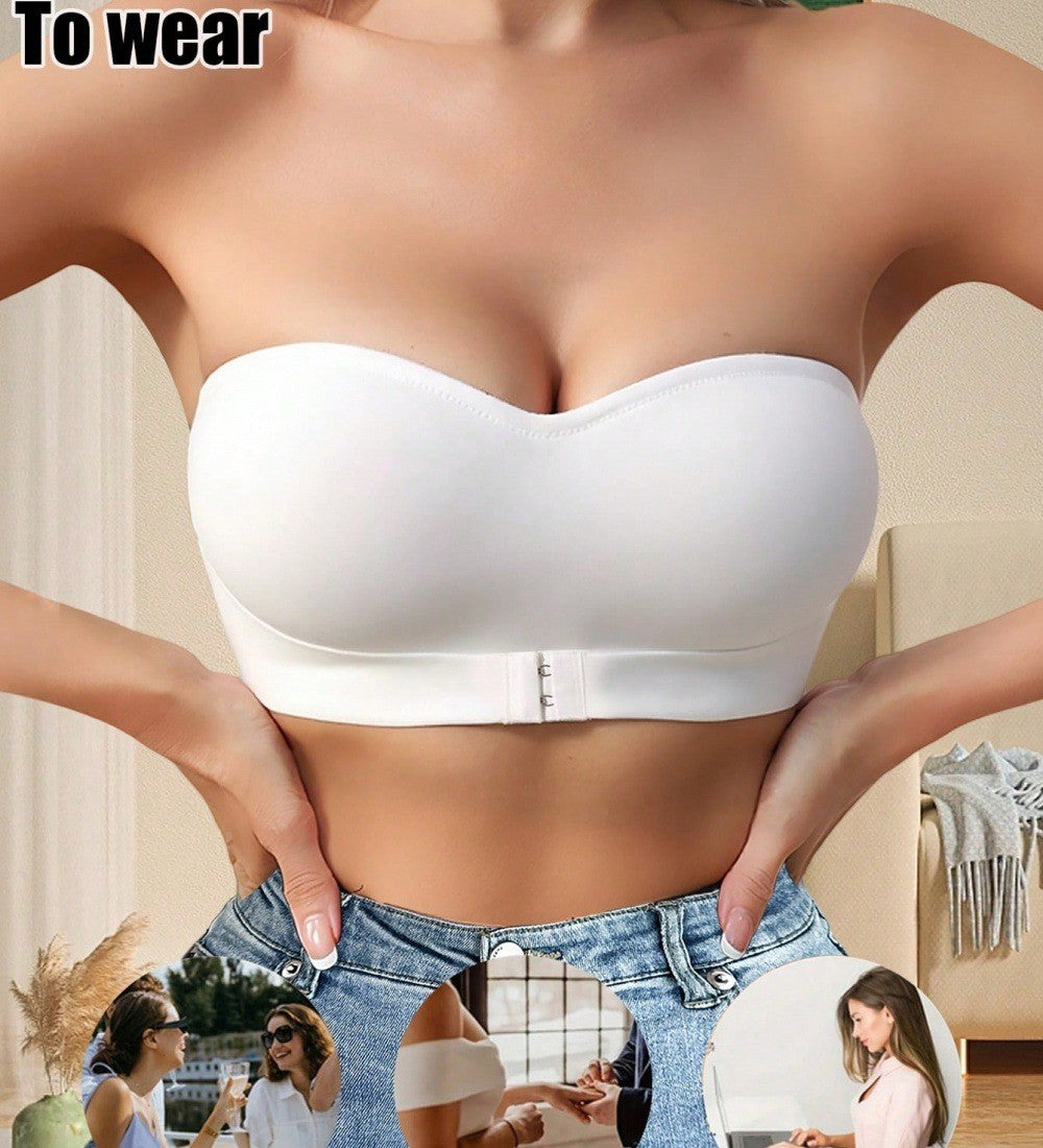 Front Closure Smooth Stretch Strapless Bandeau Bra - White
