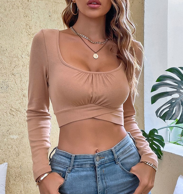 Ruched Square Neck Tie Back Crop Top - Lotus Pink - 1