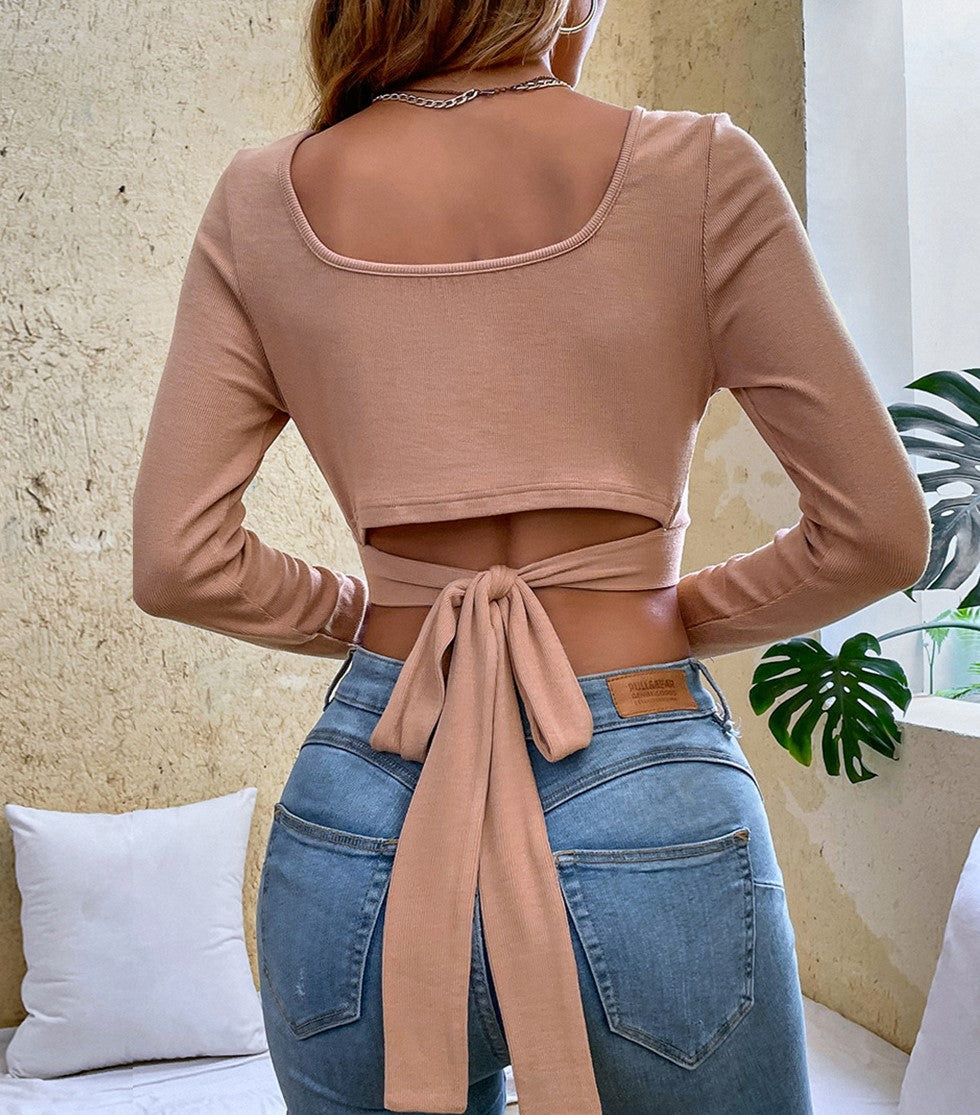 Ruched Square Neck Tie Back Crop Top - Lotus Pink - 3