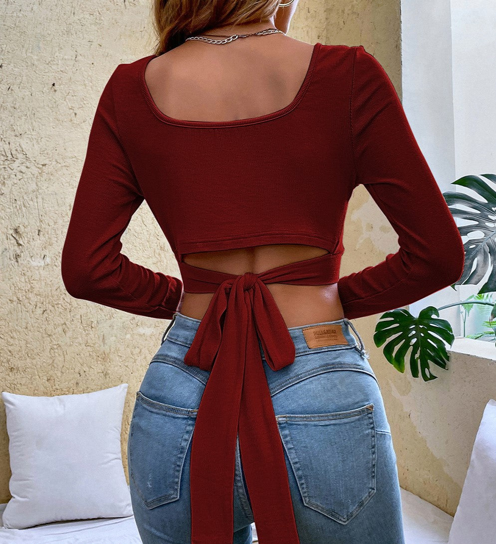 Ruched Square Neck Tie Back Crop Top - Wine Red - 2