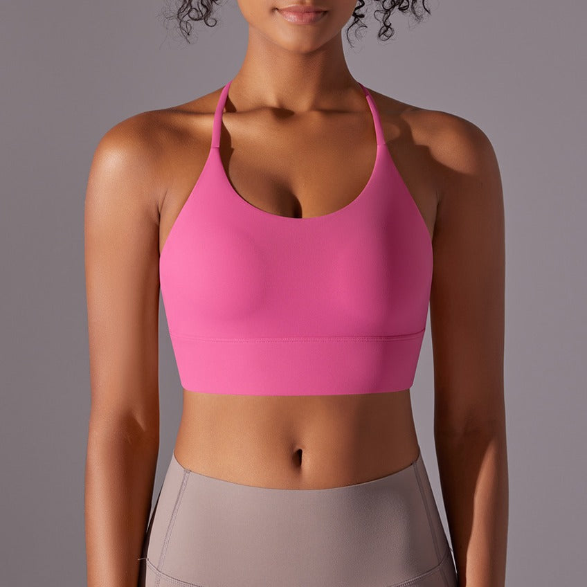 Brushed Strappy Open Back Yoga Sports Bra - Hot Pink