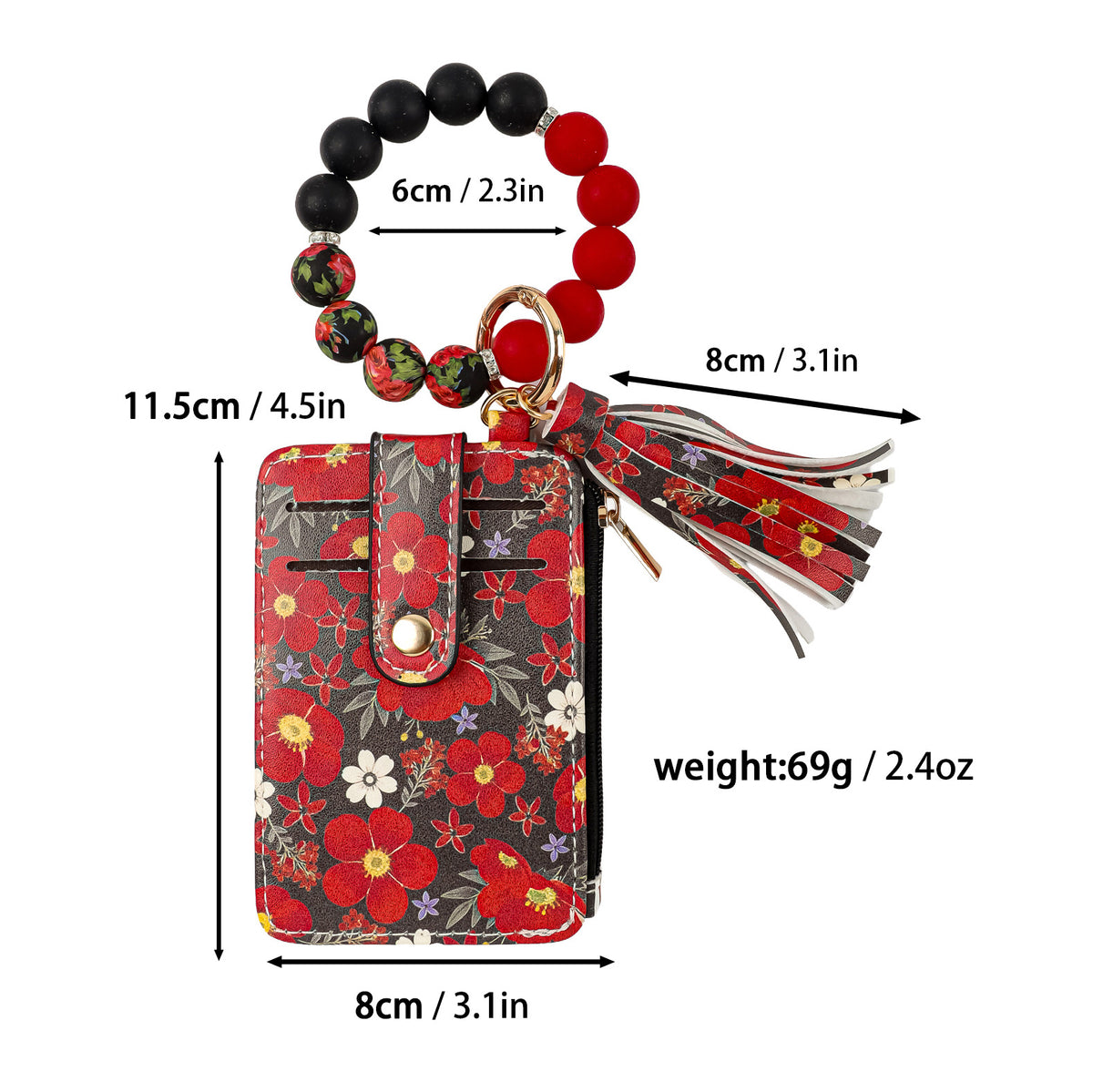 Floral Beaded Wristlet Keyring with Tassel Pocket - Red