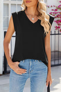 Padded Shoulder V Neck Sleeveless Shell Top - Black