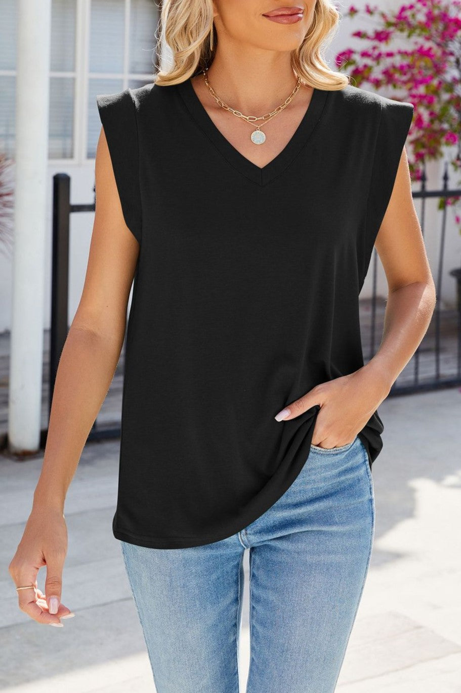 Padded Shoulder V Neck Sleeveless Shell Top - Black - 1