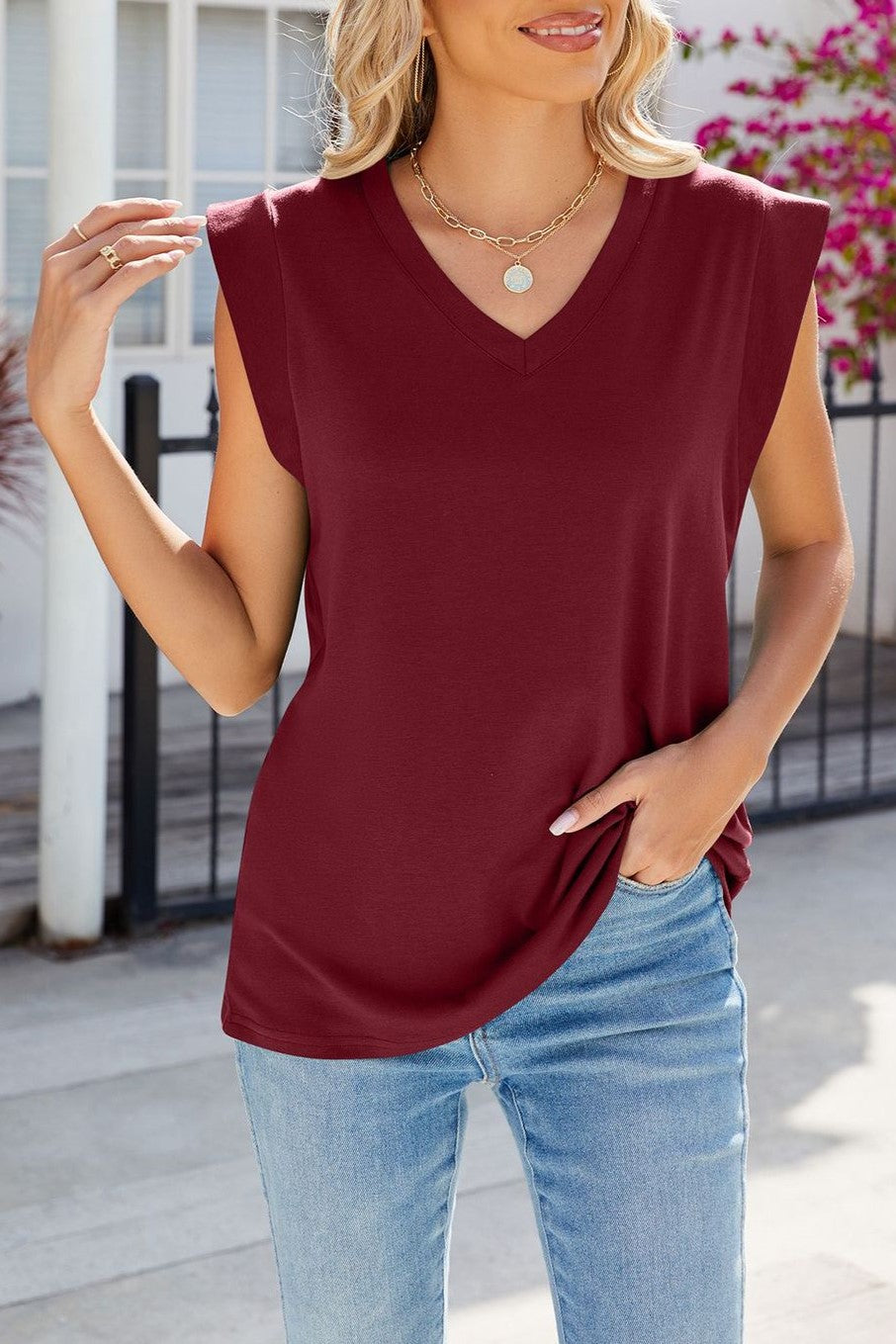 Padded Shoulder V Neck Sleeveless Shell Top - Burgundy - 1