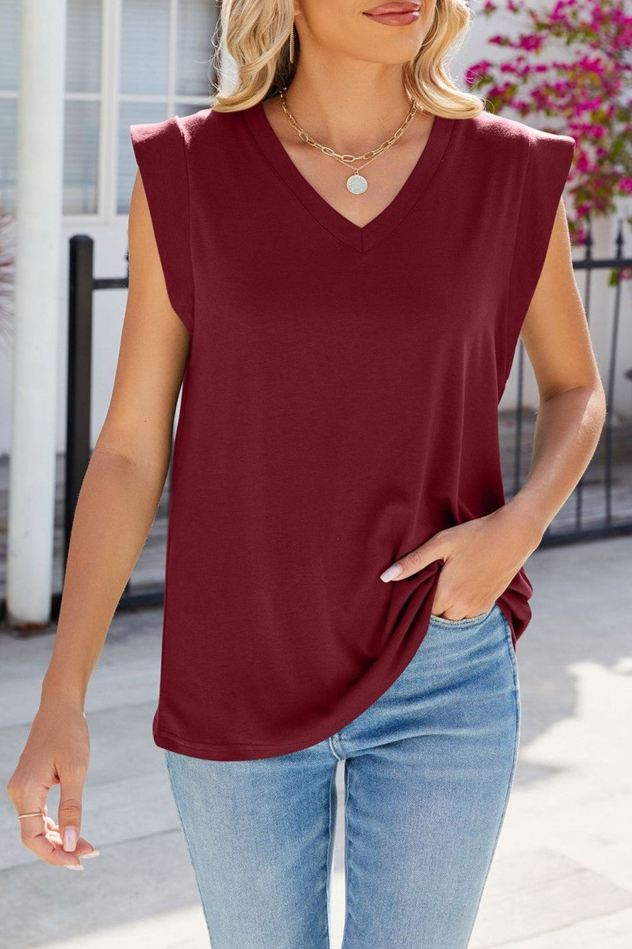 Padded Shoulder V Neck Sleeveless Shell Top - Burgundy - 2