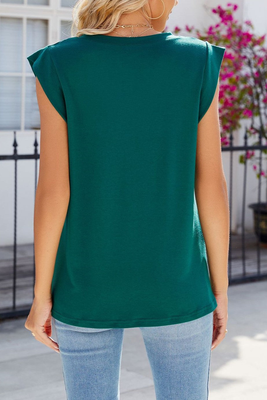 Padded Shoulder V Neck Sleeveless Shell Top - Green - 3