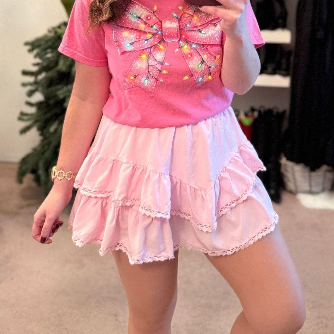 Tiered Lace Trim Ruffle Mini Skirt - Pink