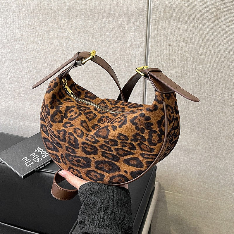 Leopard Print Plush Half Moon Shoulder Bag - Brown Leopard