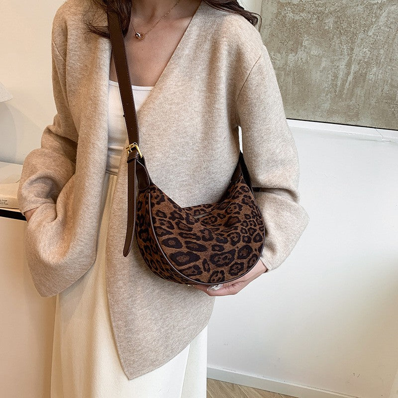Leopard Print Plush Half Moon Shoulder Bag