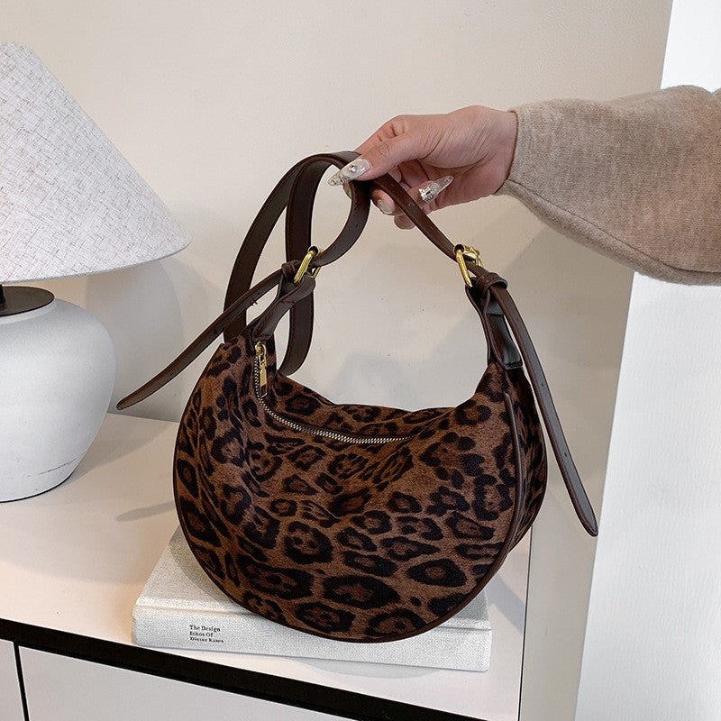 Leopard Print Plush Half Moon Shoulder Bag