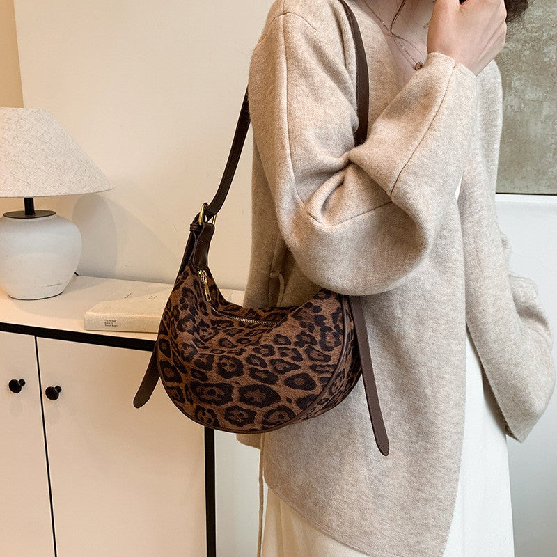 Leopard Print Plush Half Moon Shoulder Bag