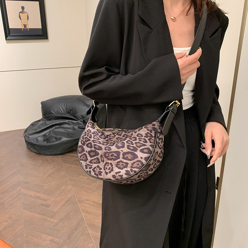 Leopard Print Plush Half Moon Shoulder Bag