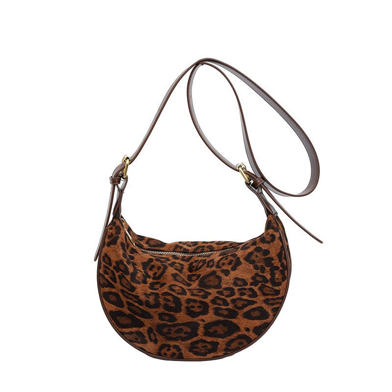 Leopard Print Plush Half Moon Shoulder Bag