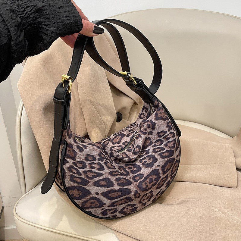 Leopard Print Plush Half Moon Shoulder Bag