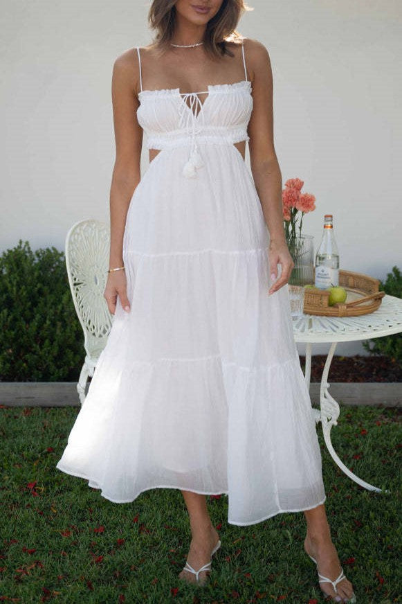 Ruched Bust Cutout Waist Tiered Maxi Dress - White