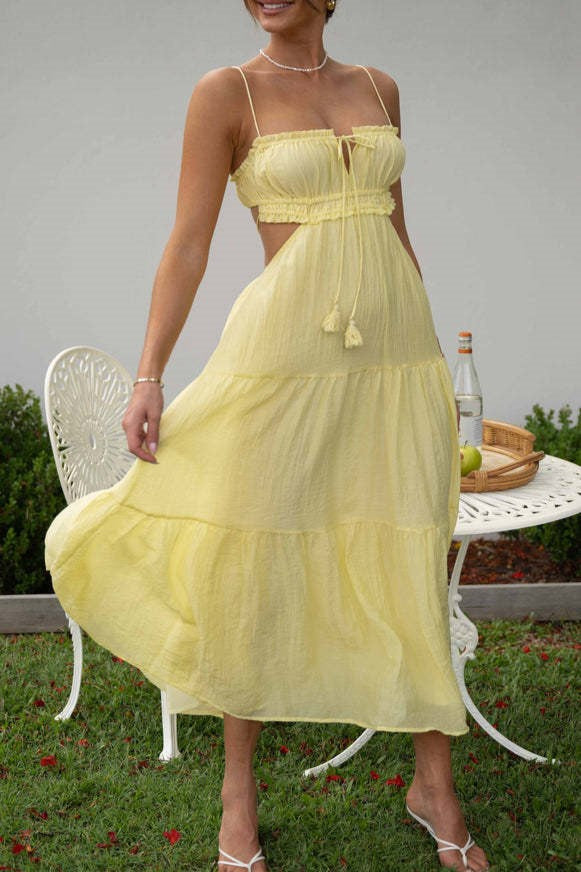 Ruched Bust Cutout Waist Tiered Maxi Dress - Yellow
