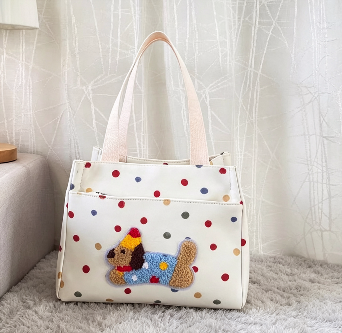 Tufted Dachshund Polka Dot Top Handle Bag - Beige