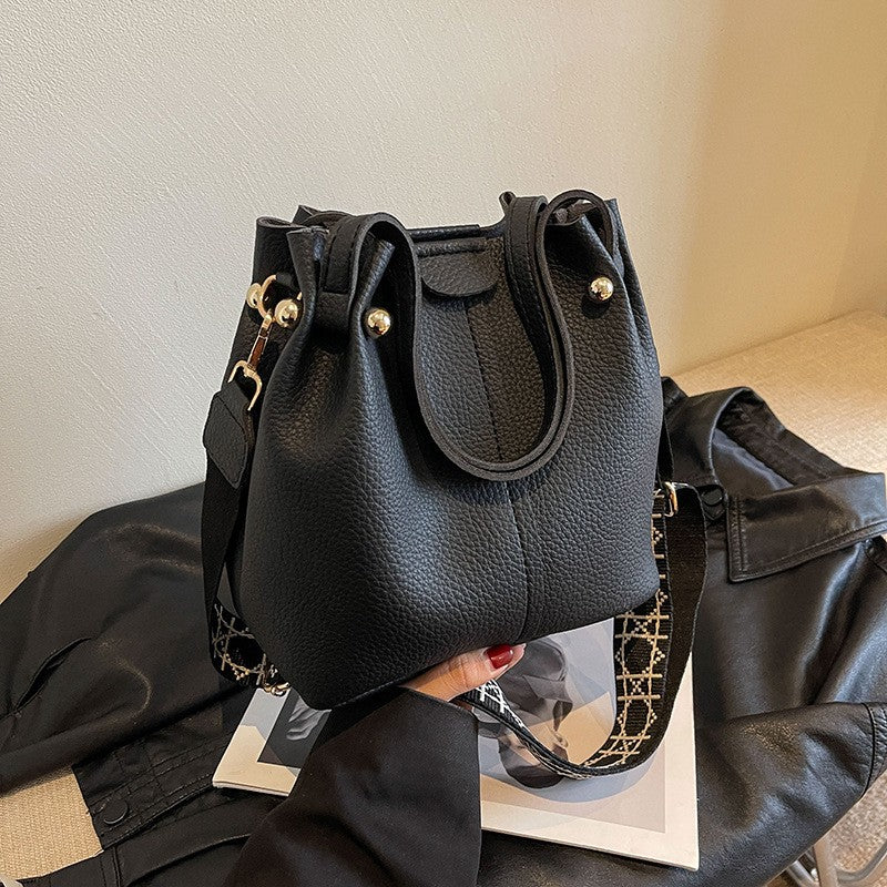 Vegan Leather Bucket Bag With Guitar Strap - Black