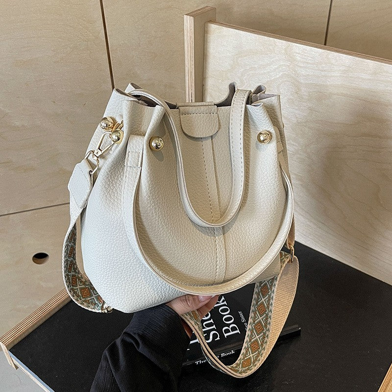 Vegan Leather Bucket Bag With Guitar Strap - Cream