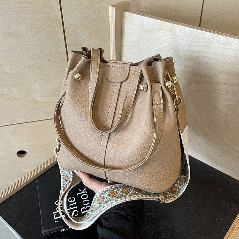Vegan Leather Bucket Bag With Guitar Strap - Khaki