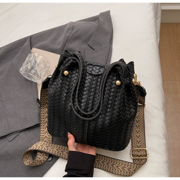 Vegan Leather Bucket Bag With Guitar Strap - Woven Black