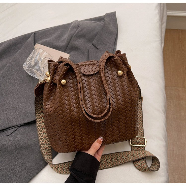 Vegan Leather Bucket Bag With Guitar Strap - Woven Brown