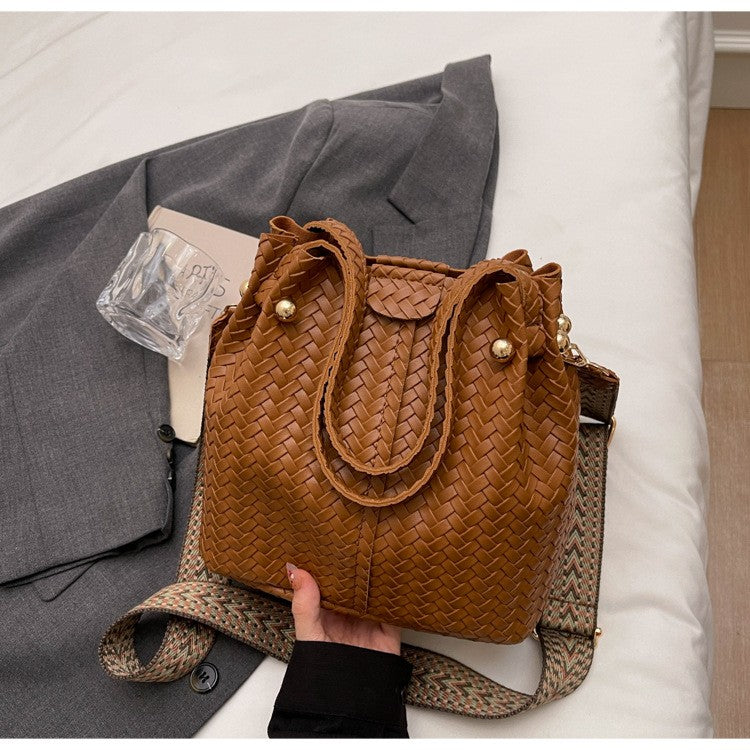 Vegan Leather Bucket Bag With Guitar Strap - Woven Tan