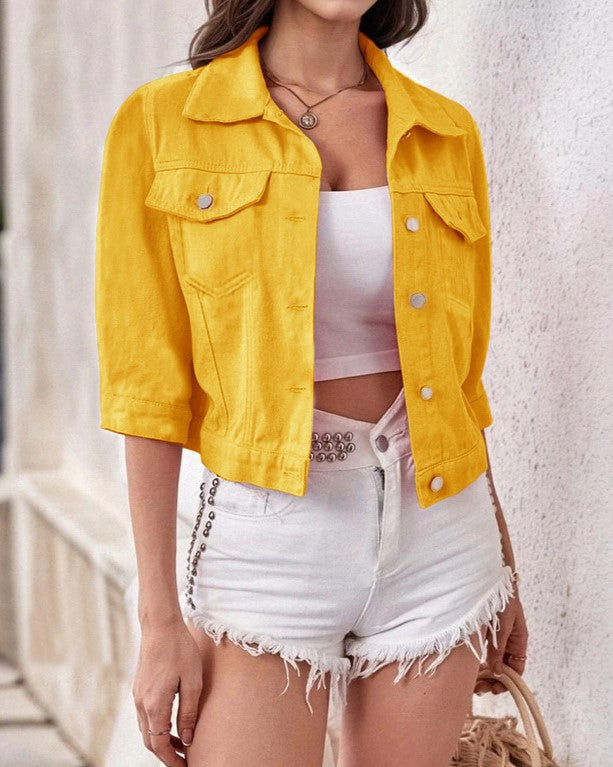 Cropped Denim Jacket With Chest Pockets - Yellow