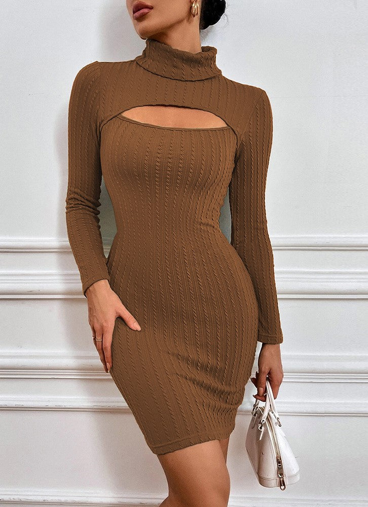 Ribbed Turtleneck Cutout Bodycon Mini Dress - Brown
