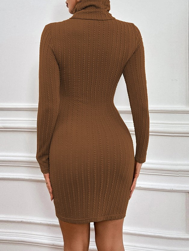 Ribbed Turtleneck Cutout Bodycon Mini Dress - Brown - 3