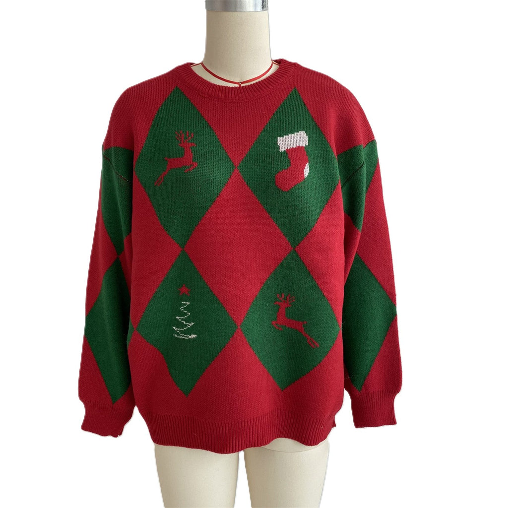 Argyle Reindeer Knit Crew Neck Oversized Sweater - Red