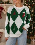 Argyle Reindeer Knit Crew Neck Oversized Sweater - White