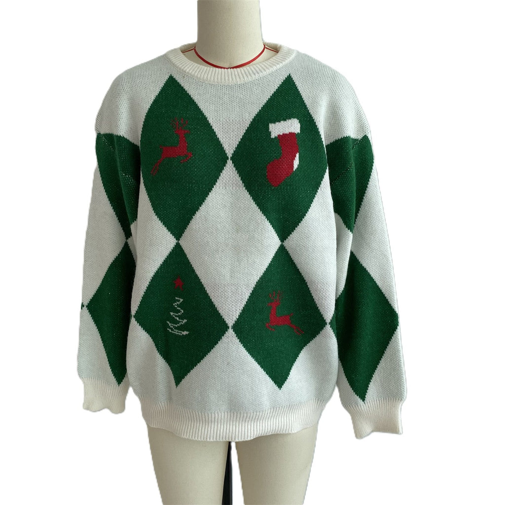 Argyle Reindeer Knit Crew Neck Oversized Sweater - White - 1