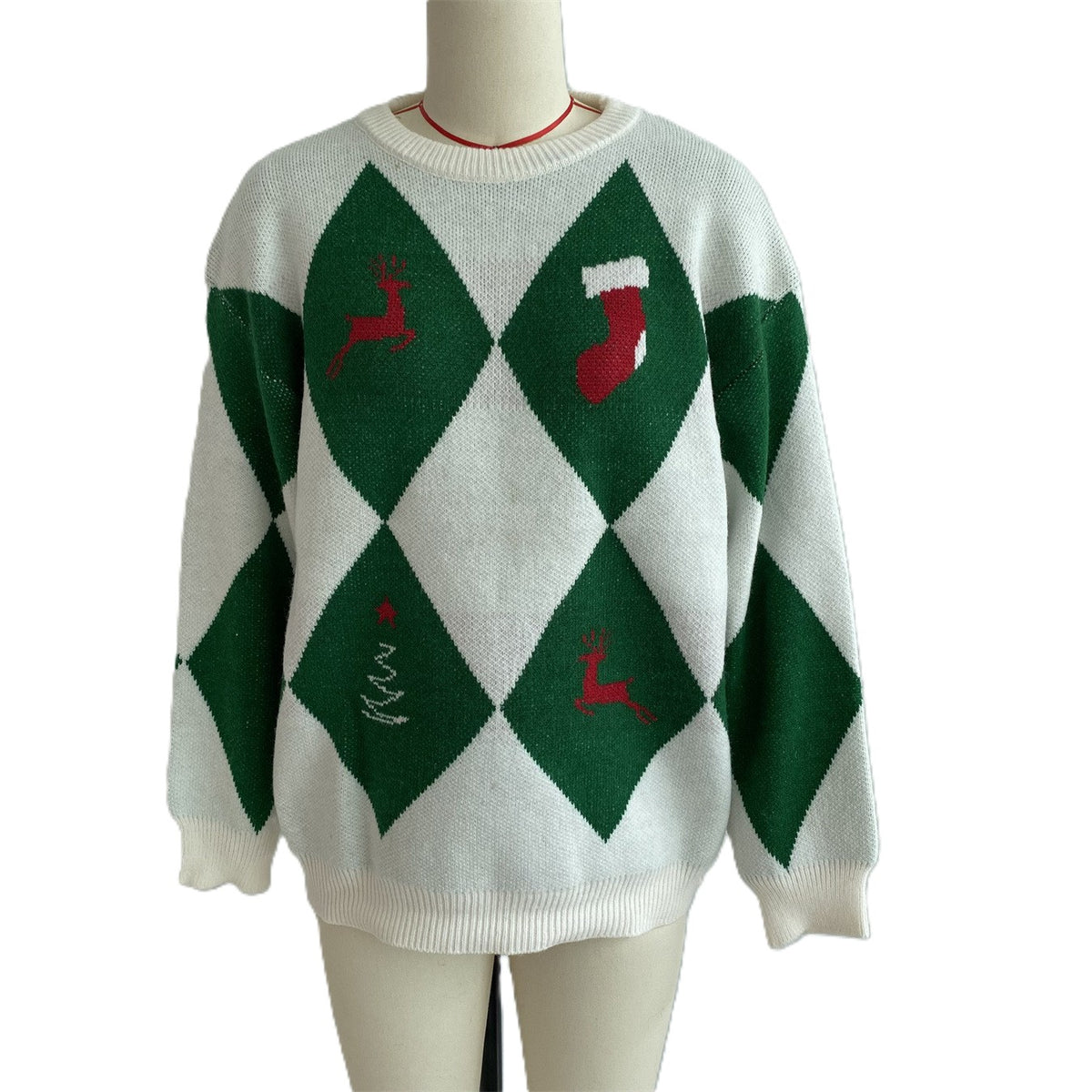 Argyle Reindeer Knit Crew Neck Oversized Sweater - White - 1