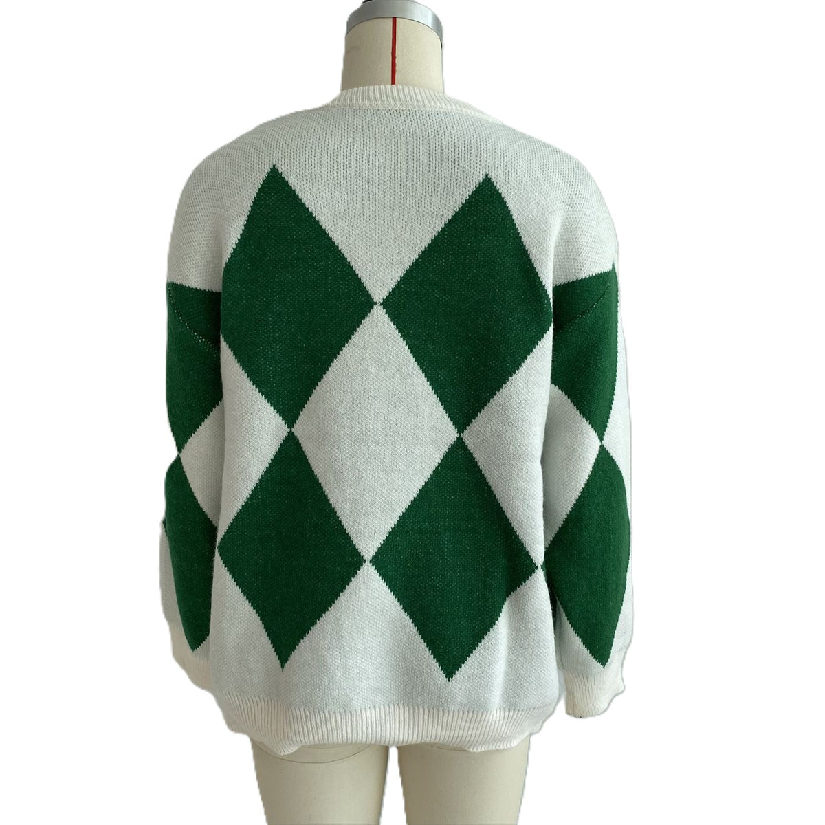 Argyle Reindeer Knit Crew Neck Oversized Sweater - White - 2