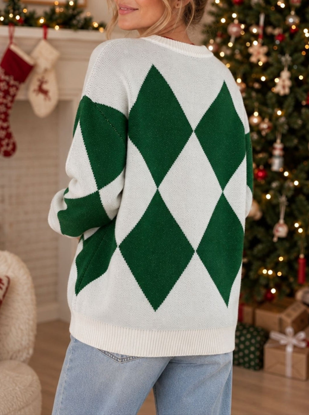 Argyle Reindeer Knit Crew Neck Oversized Sweater - White - 4
