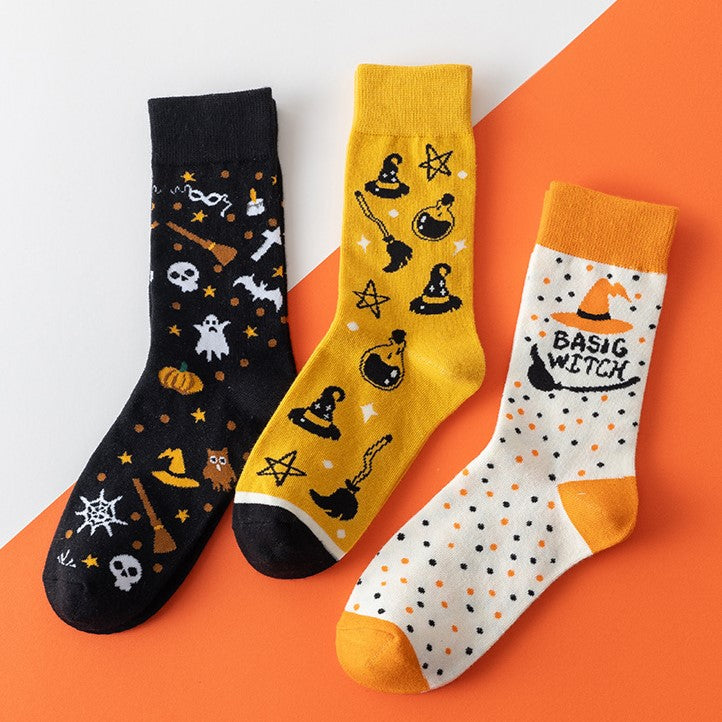 Halloween Crew Socks with Spooky Witch Prints - Broom