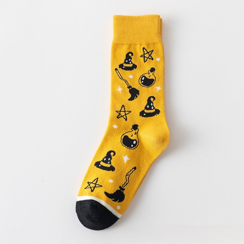 Halloween Crew Socks with Spooky Witch Prints - Broom - 1