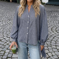 Navy Gingham Band Collar Balloon Sleeve Relaxed Shirt - Navy