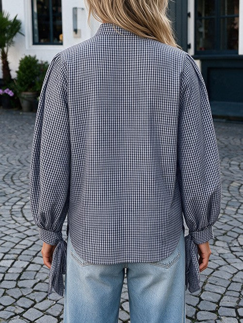 Navy Gingham Band Collar Balloon Sleeve Relaxed Shirt - Navy - 1